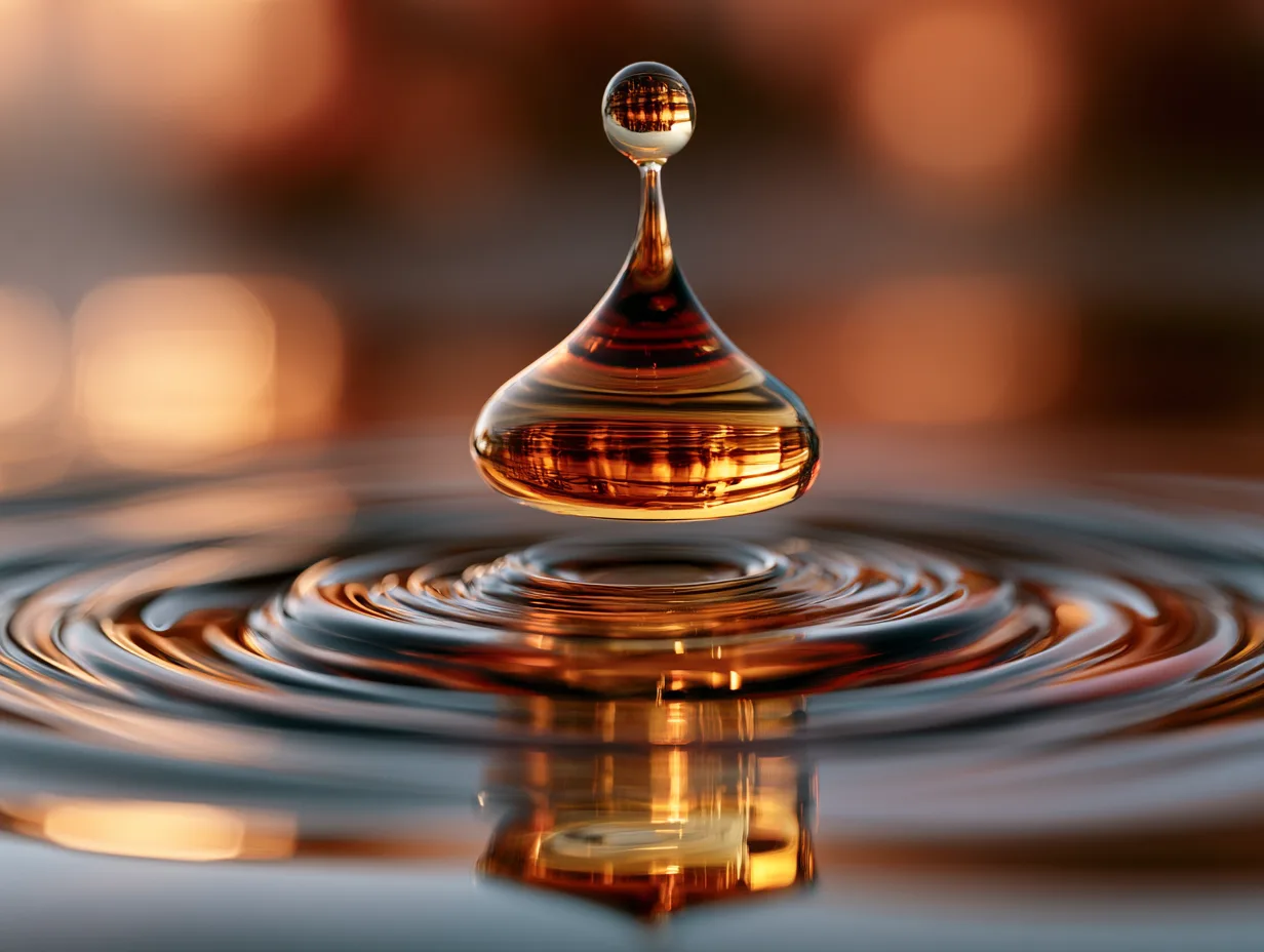 Gota de óleo fúsel sobre superfície d'água, macro editorial