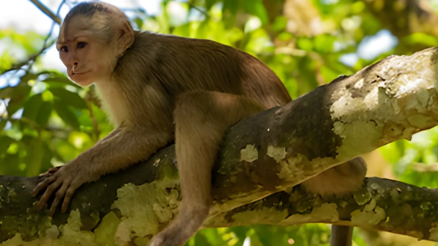 Macaco-prego sobre um galho na área de preservação da Da Mata, cercado pela folhagem da mata nativa