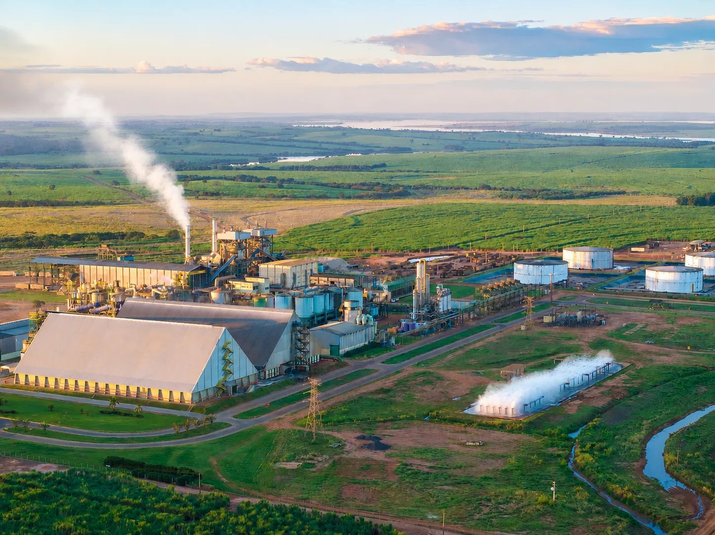 Vista aérea do parque industrial da Da Mata em meio aos canaviais, com a coluna de fumaça branca da caldeira e os tanques de armazenagem
